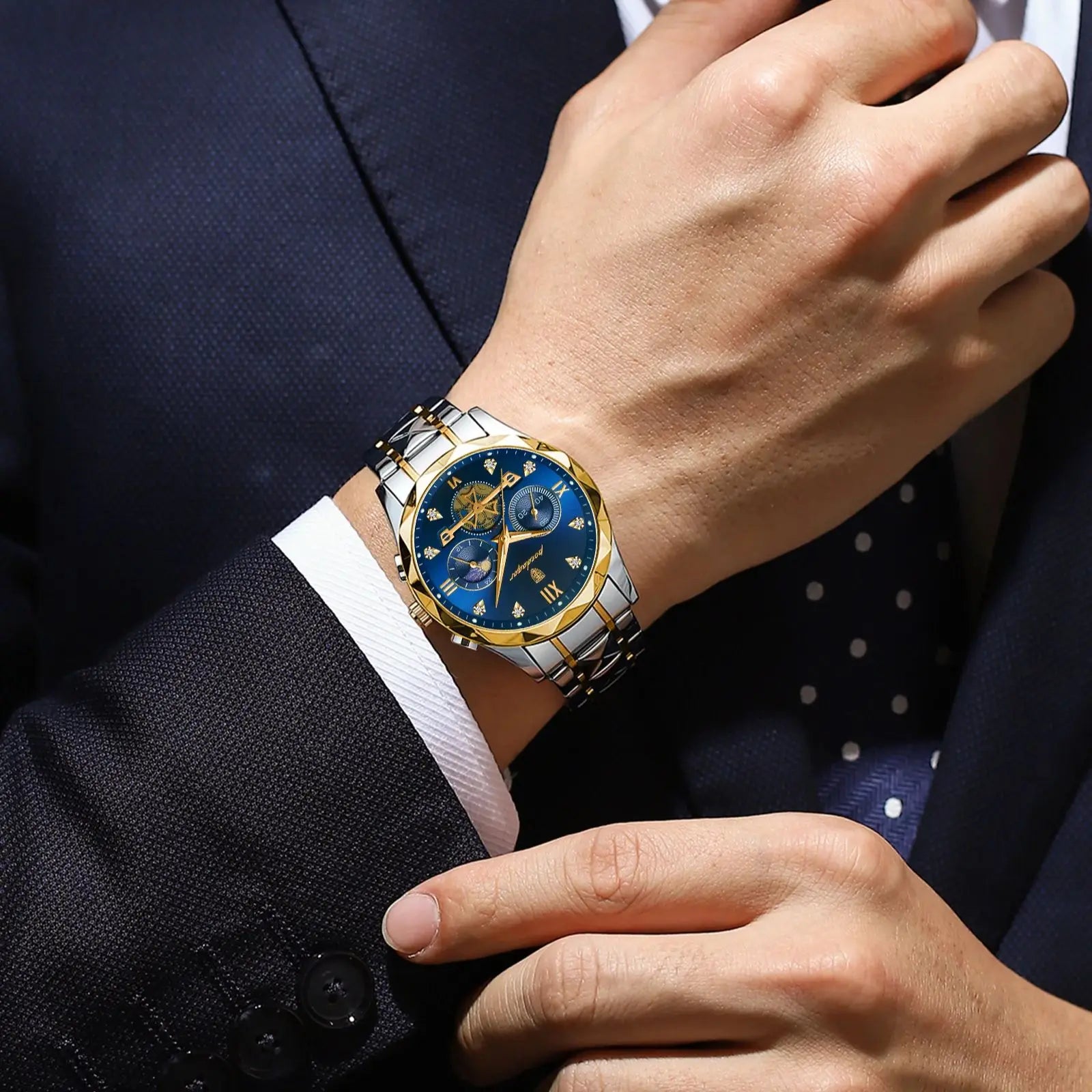 Luxury Stainless Steel Men's Watch with Diamond Accents
