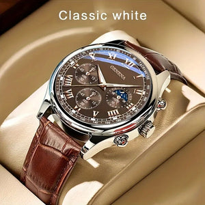GENEVA Classic Chronograph Watch – Elegant Leather Strap & Roman Dial for Men
