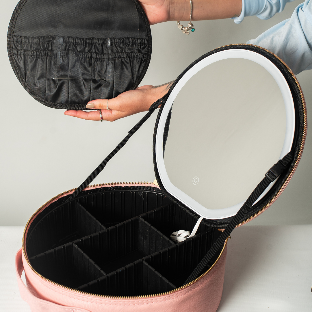 GlowBox Smart Vanity Organizer – Portable Makeup Box with LED Mirror & Adjustable Light
