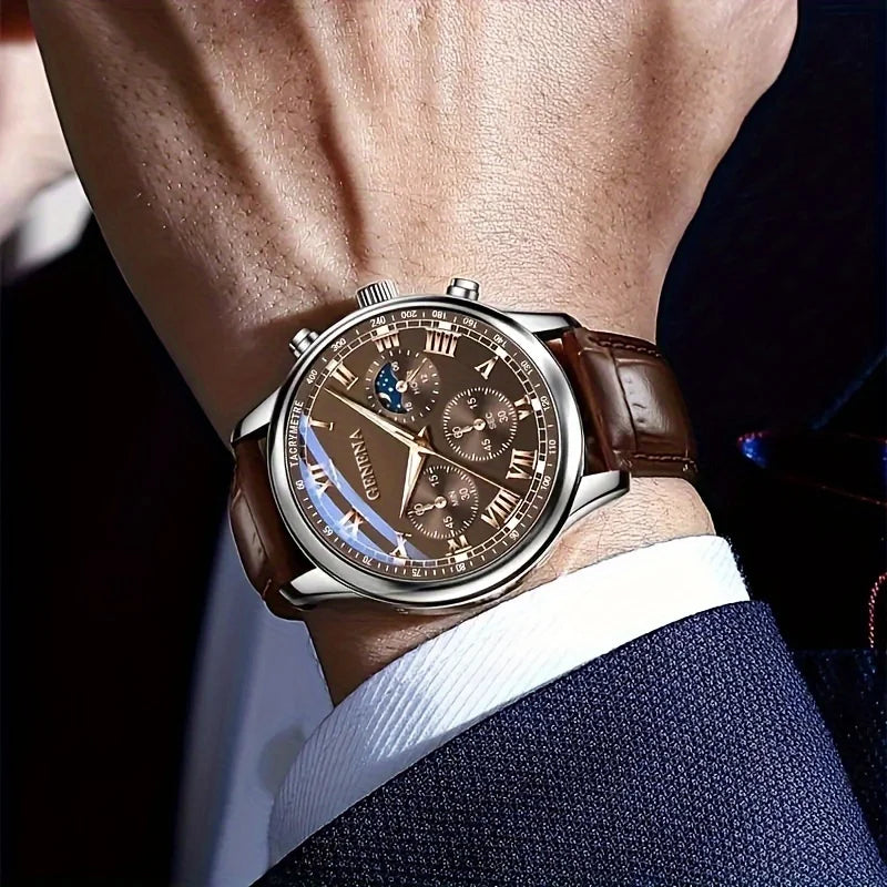 GENEVA Classic Chronograph Watch – Elegant Leather Strap & Roman Dial for Men