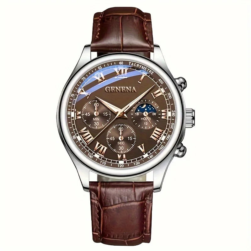 GENEVA Classic Chronograph Watch – Elegant Leather Strap & Roman Dial for Men