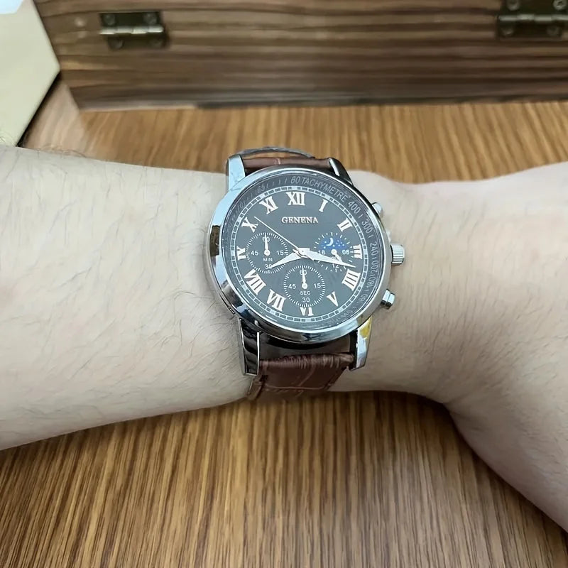 GENEVA Classic Chronograph Watch – Elegant Leather Strap & Roman Dial for Men