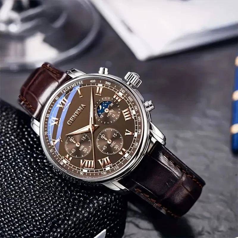 GENEVA Classic Chronograph Watch – Elegant Leather Strap & Roman Dial for Men