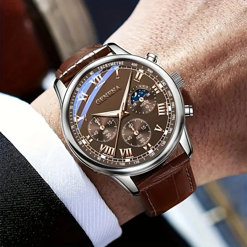 GENEVA Classic Chronograph Watch – Elegant Leather Strap & Roman Dial for Men