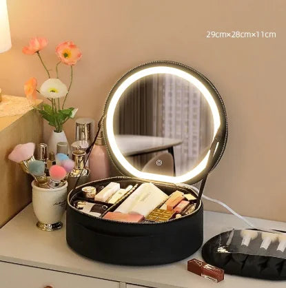 GlowBox Smart Vanity Organizer – Portable Makeup Box with LED Mirror & Adjustable Light
