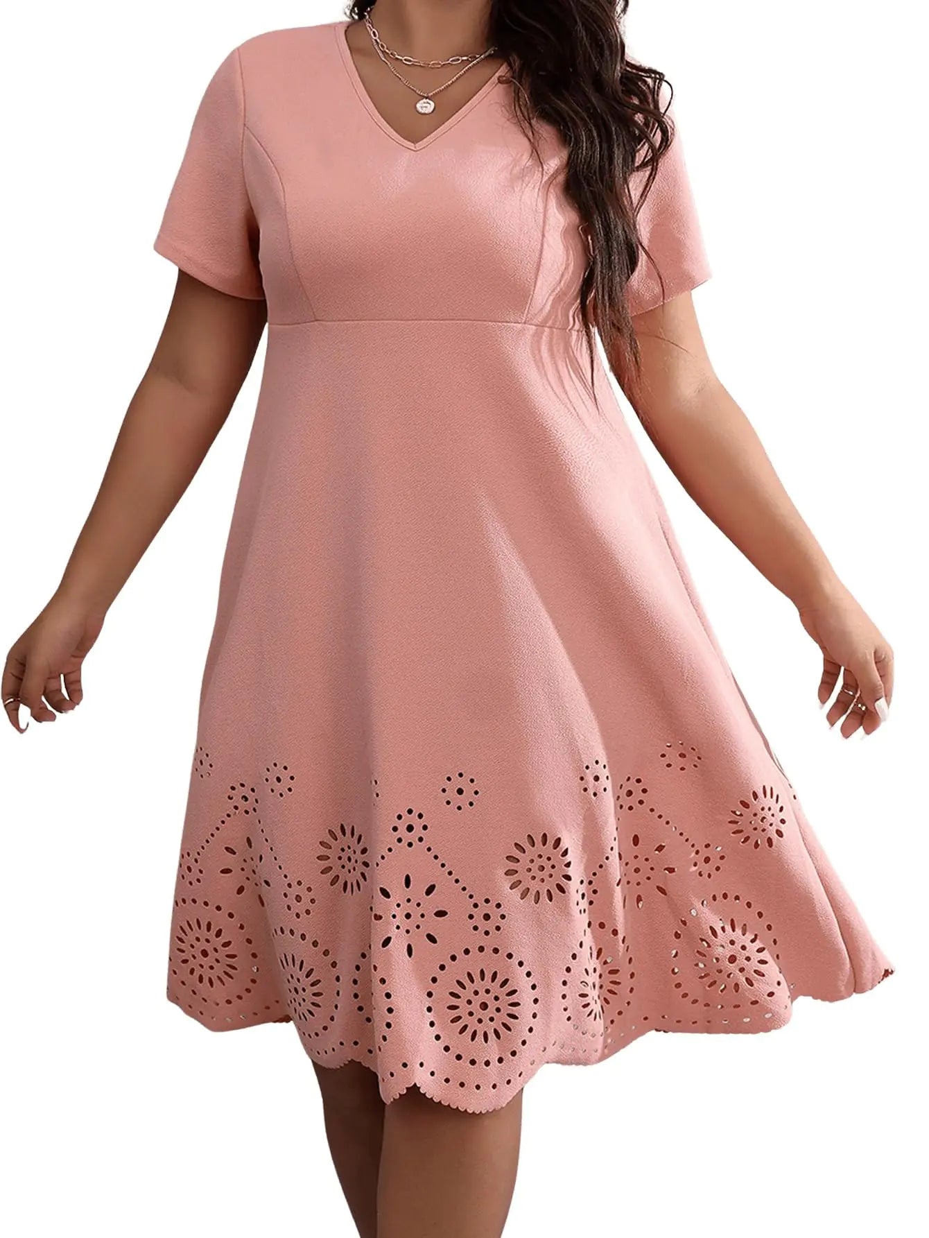 WDIRARA Womens Plus Size V Neck Scallop Trim Cut Out Short Sleeve A Line Swing Midi Dress Dusty Pink 2XL