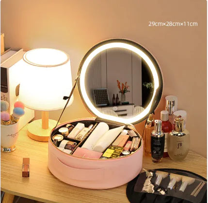 GlowBox Smart Vanity Organizer – Portable Makeup Box with LED Mirror & Adjustable Light